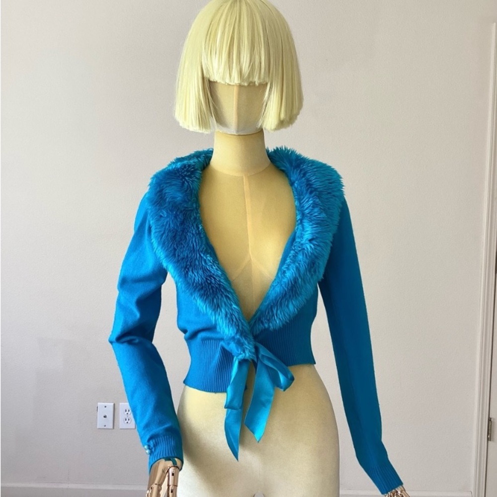 One Step Up Blue 90s Style Fur Cardigan Sweater SZ L - Picture 1 of 5